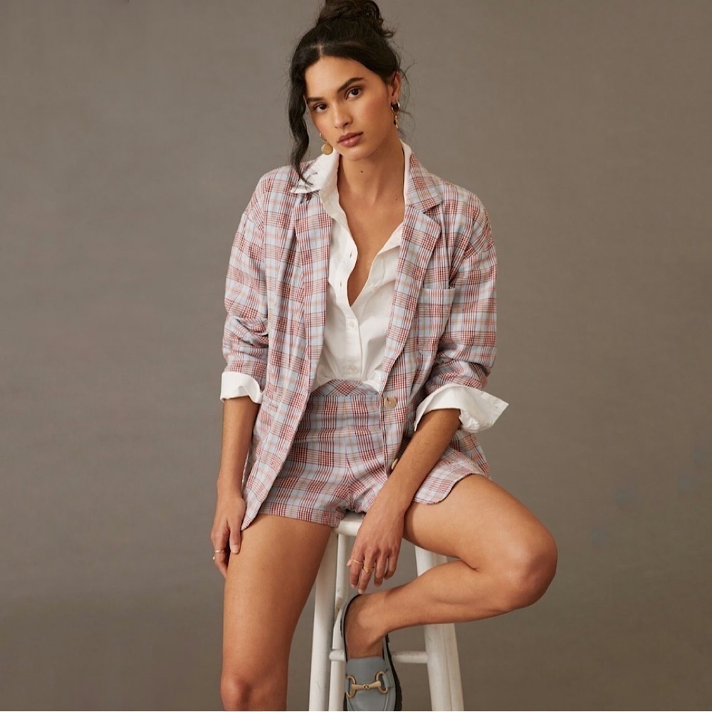 Anthropologie Maeve Relaxed Linen Blend Blazer Jacket Tartan Plaid Blue Large